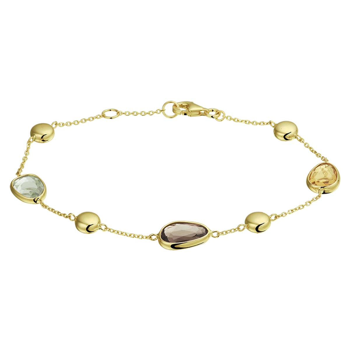 Geelgouden 1.1mm anker armband met draaglengtes van 17.5cm en 19cm en 6mm poli rondjes uitgevoerd met rookkwarts citrien en groen amethist in een zetkast van 8mm breed. De armband is te combineren met bijpassende sieraden uit onze collectie. De steengewichten zijn: rookkwarts +/- 1.50ct, groen amethist +/- 1.50ct en de citrien +/- 1.50ct.