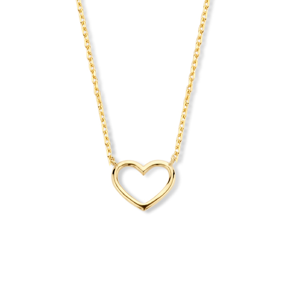 Dit fijne 14k geelgouden collier met een open hartje geeft je outfit een vriendelijke touch. Het collier heeft draaglengtes van 40, 42 en 44cm. De schakelbreedte is 0.8mm.