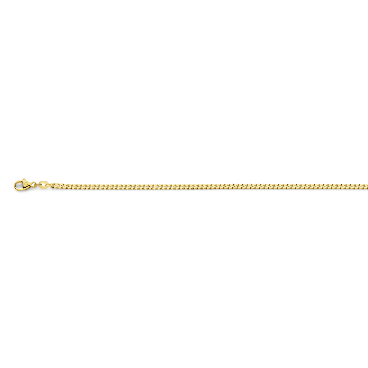 14k Geelgouden gourmette lengte-artikel uitgevoerd met een karabijn sluiting. De schakelbreedte is 2.4mm.