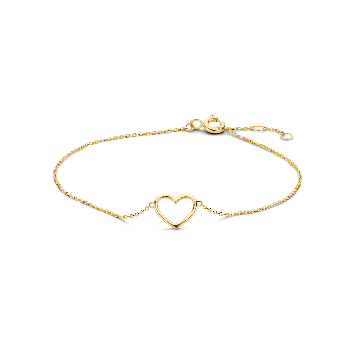 Dit fijne 14k geelgouden armbandje met een open hartje geeft je outfit een vriendelijke touch. De armband heeft draaglengtes van 16, 17 en 18cm. Het hart heeft een formaat van 6,5 x 8mm. Romantisch!