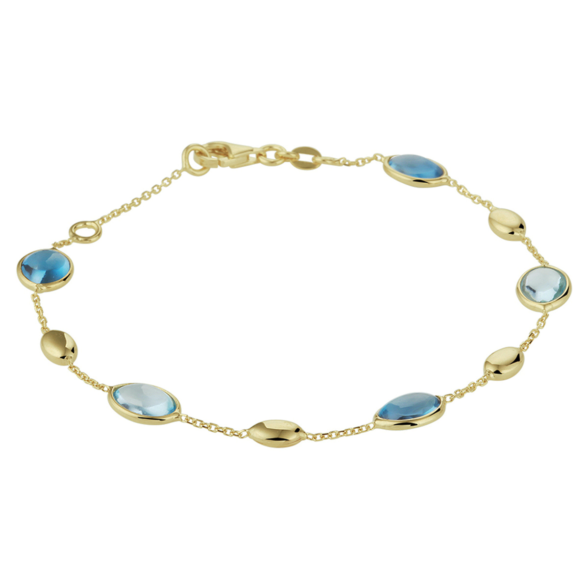 14k Geelgouden anker armband uitgevoerd met de schitterende edelstenen London blue topaas en blauw topaas. De armband heeft draaglengtes van 17 en 19cm en een stevige karabijn sluiting. De schakelbreedte is 1.1mm.