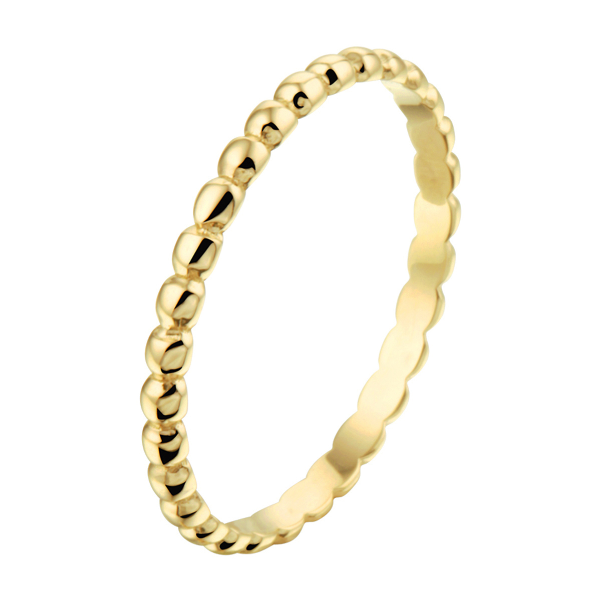 14k Geelgouden aanschuifring uitgevoerd met platte bolletjes. De ring heeft een breedte van 2mm.