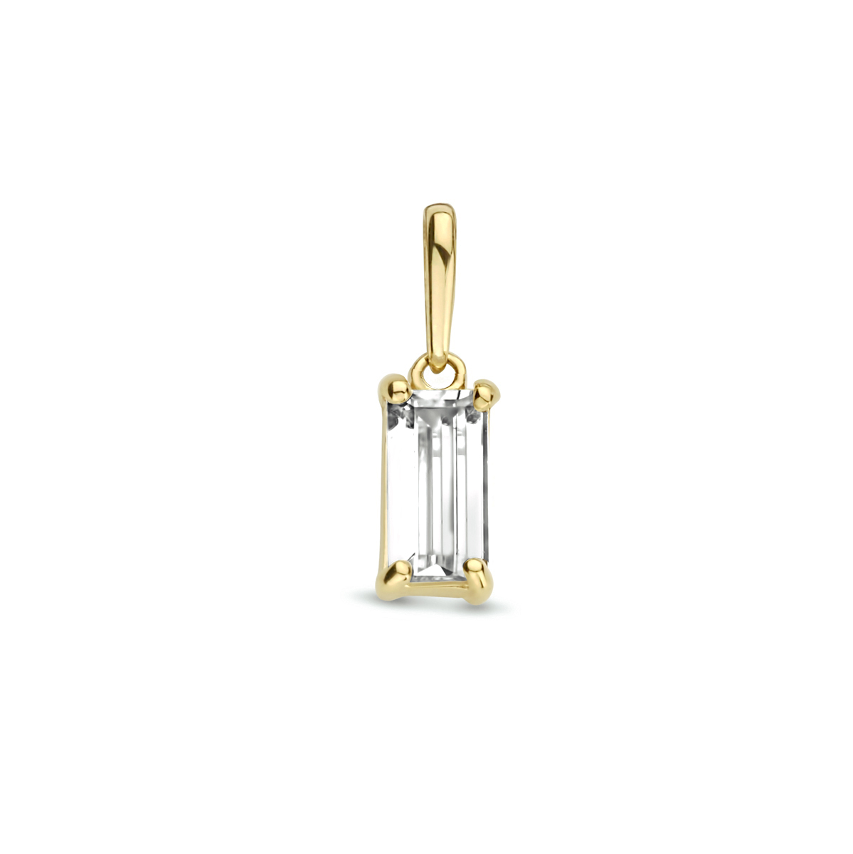 14k Geelgouden hanger uitgevoerd met een heldere zirkonia. De hanger heeft een totale hoogte van 1.4cm en een breedte van 4mm.