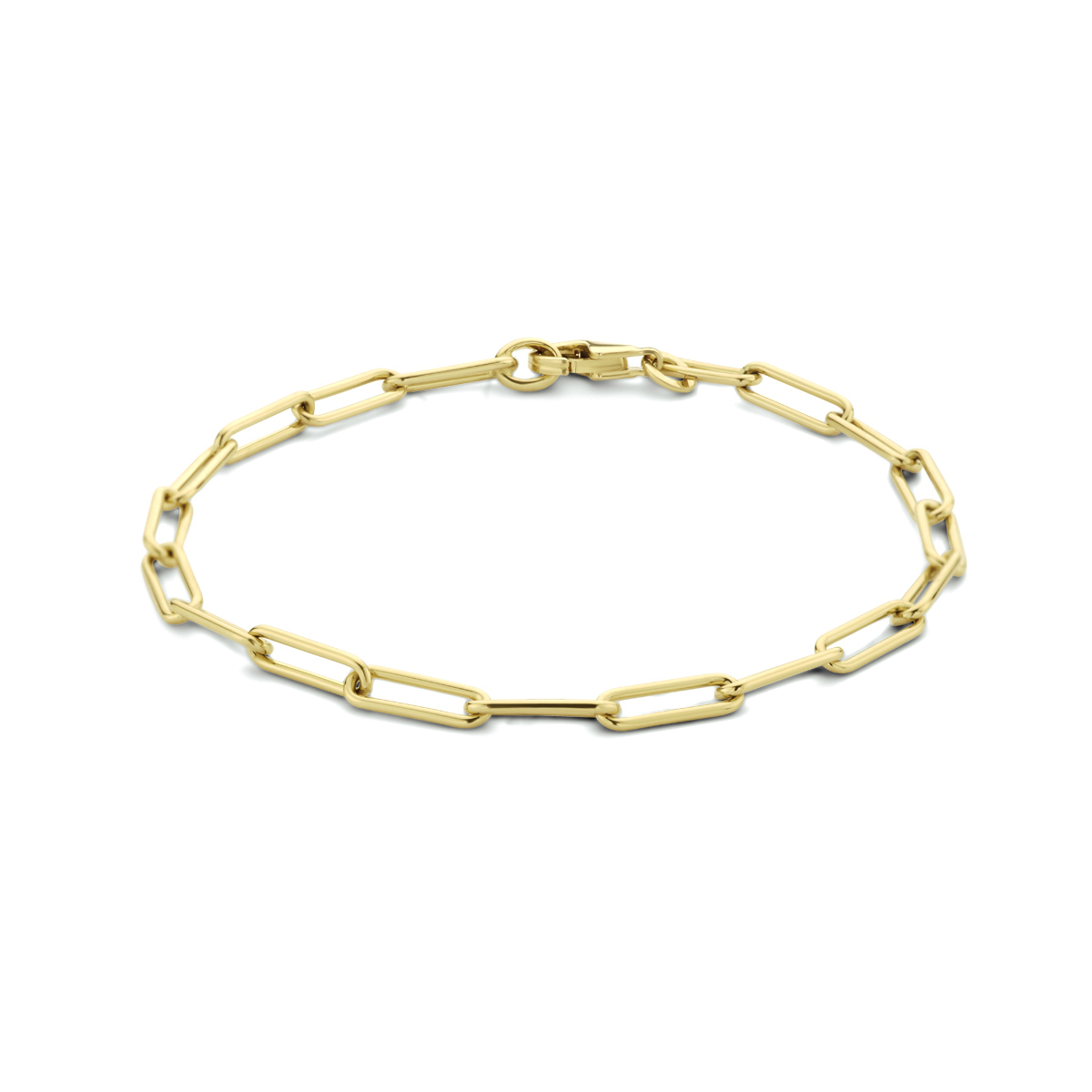 14k Geelgouden armband uitgevoerd met een paperclip schakel en een karabijnslot. De armband heeft een draaglengte van 19cm. De schakelbreedte is 3.6mm.