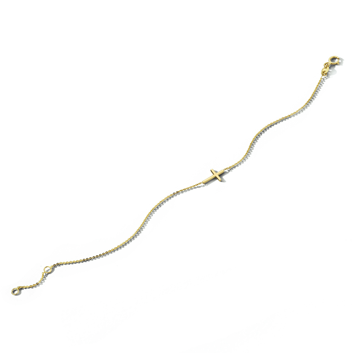 14k Geelgouden armband uitgevoerd met een kruisje. De armband heeft een draaglengte van 16.5cm met een extensie van 2cm. De schakelbreedte is 0.8mm.