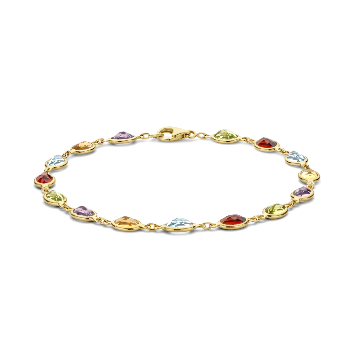 14kt geelgouden armband uitgevoerd met schitterende edelstenen zoals: amethist, citrien, blauw topaas, granaat en peridoot. De armband heeft een draaglengte van 18.5cm en een karabijn sluiting. De totaal steengewichten zijn: amethist 1.30ct, citrien 1.14ct, granaat 1.63ct, peridot 1.42ct en de blauw topaas 1.57ct.