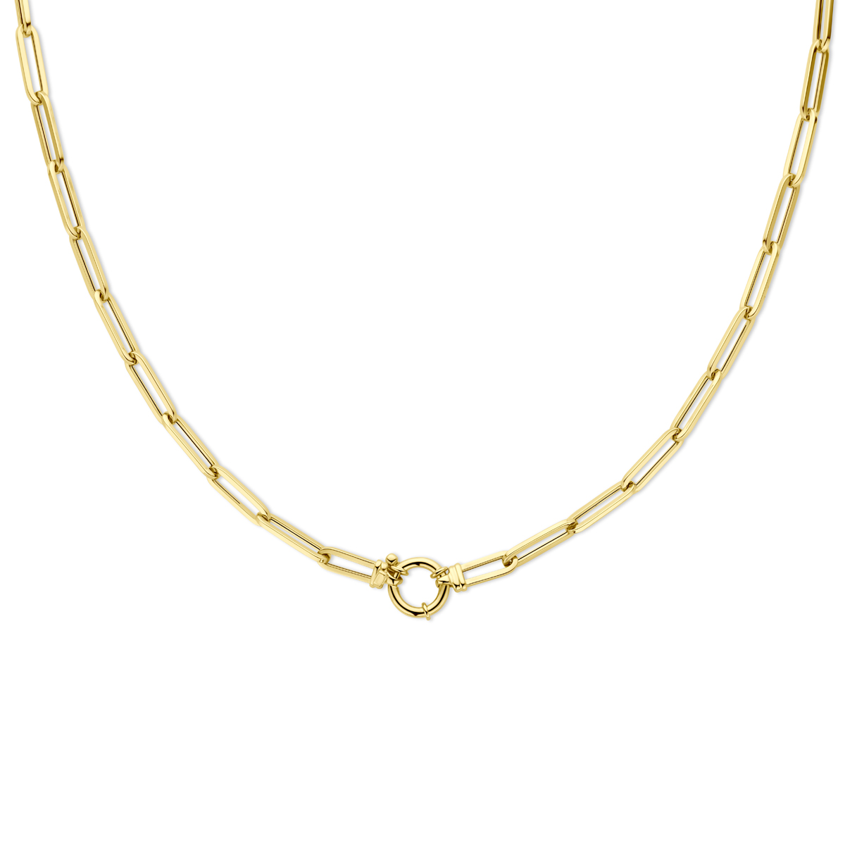 14k Geelgouden paperclip collier met een schakelbreedte van 4.5mm uitgevoerd met een groot veerslot. Het collier heeft een draaglengte van 45cm.
