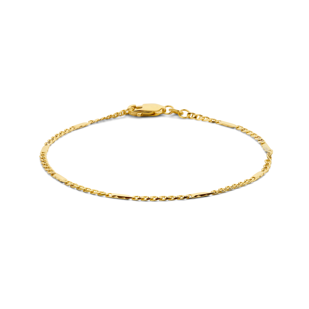 14k Geelgouden valkenoog armband uitgevoerd met een karabijn sluiting. De armband heeft een een schakelbreedte van 1.9mm.