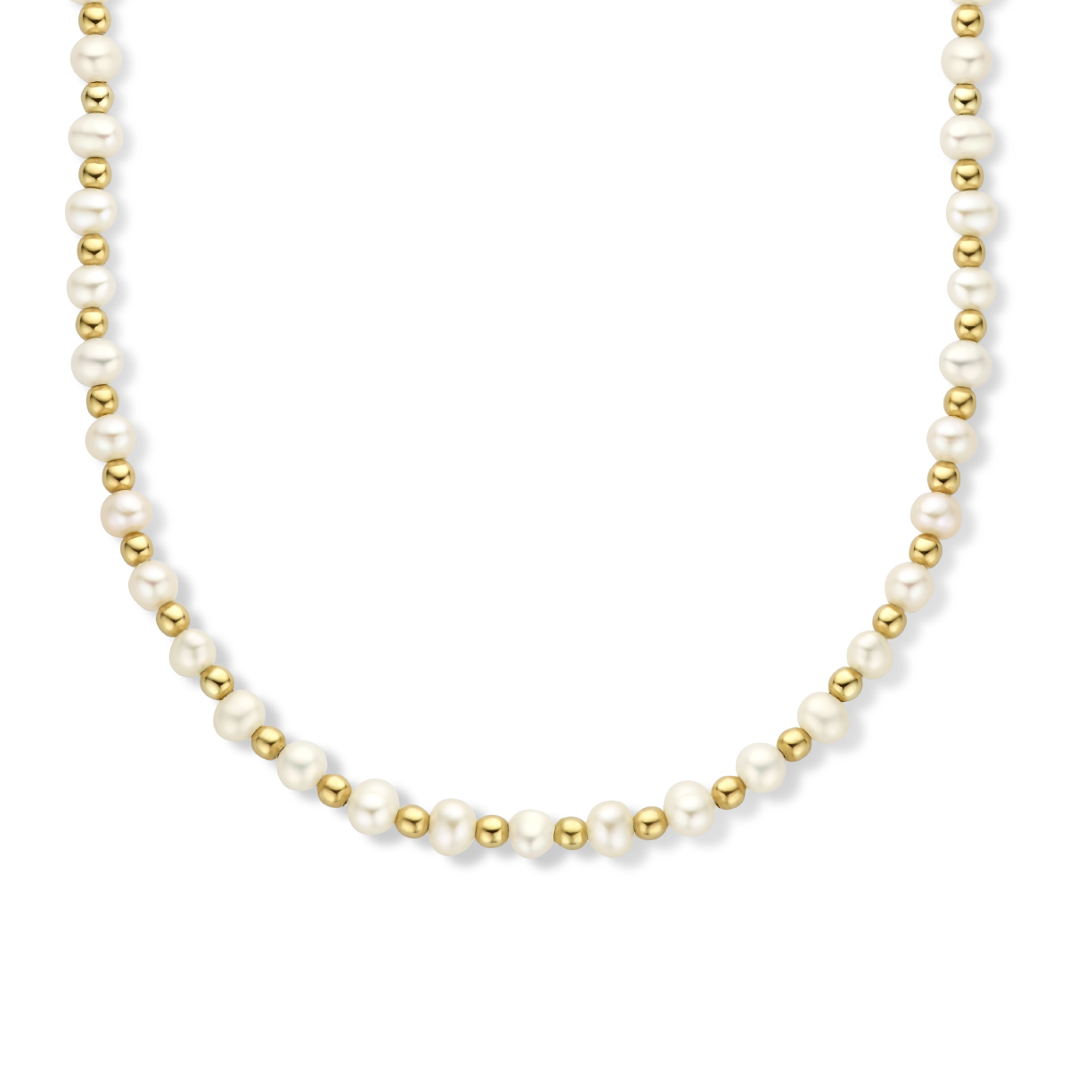 14k Geelgouden collier uitgevoerd met schitterende zoetwaterparels, bolletjes en een karabijnsluiting. Het collier heeft een draaglengte van 41cm en een extensie van 4cm.