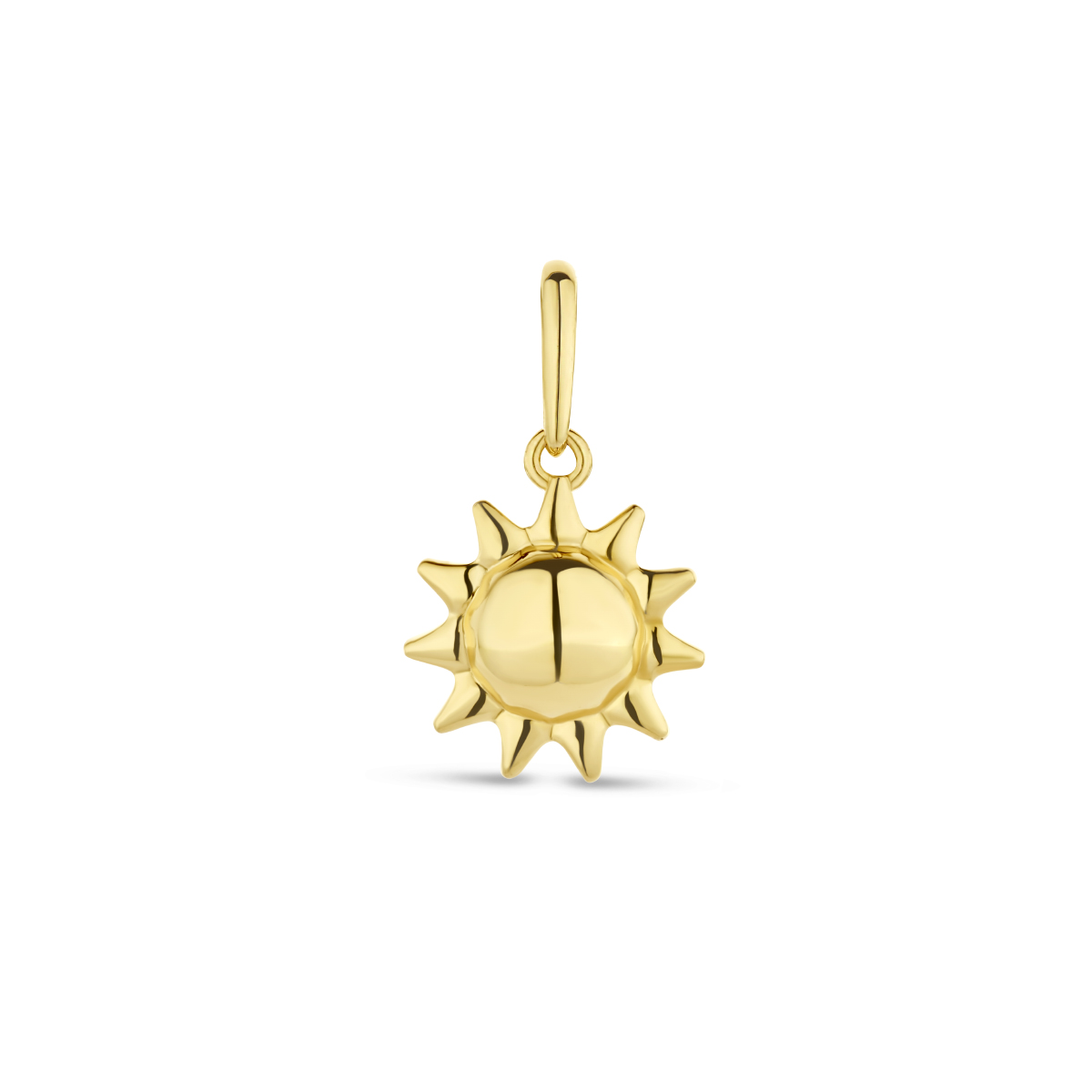 14k Geelgouden hanger in de vorm van een zon. de voorkant is glimmend de achterzijde is open en mat De hanger heeft een diameter van 9mm.