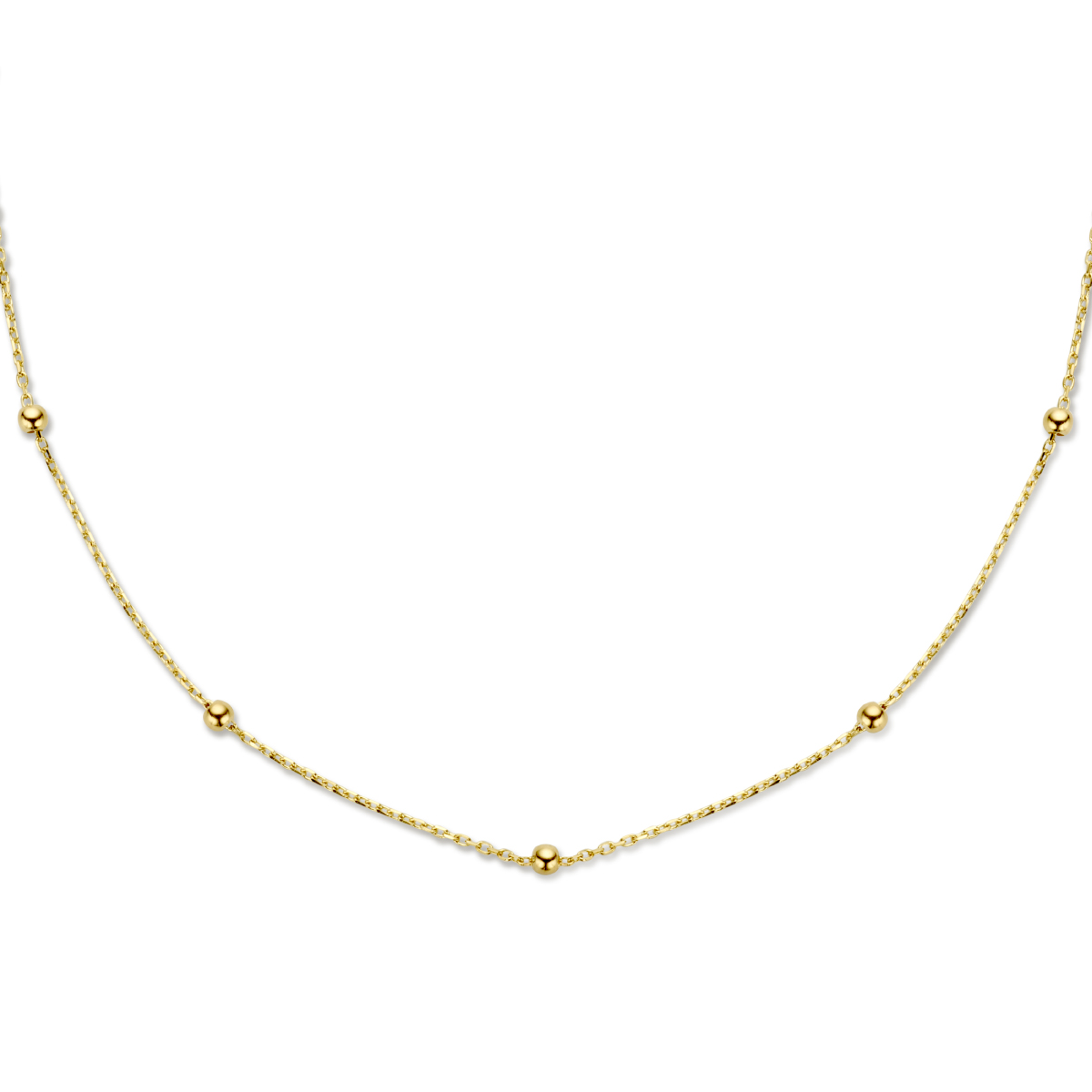 14k Geelgouden collier met een anker schakel en bolletjes van 2.5mm. Het collier heeft draaglengtes van 40, 42 en 44cm. De schakelbreedte is 1.0mm.
