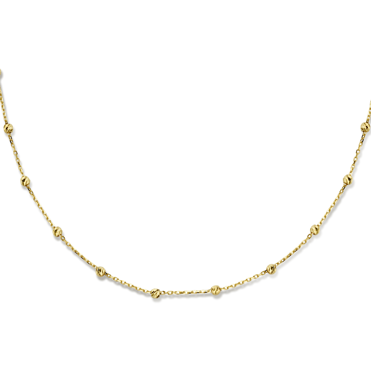 14k Geelgouden collier met een anker schakel en bolletjes van 2.5mm. Het collier heeft draaglengtes van 40, 42 en 44cm. De schakelbreedte is 1.0mm.