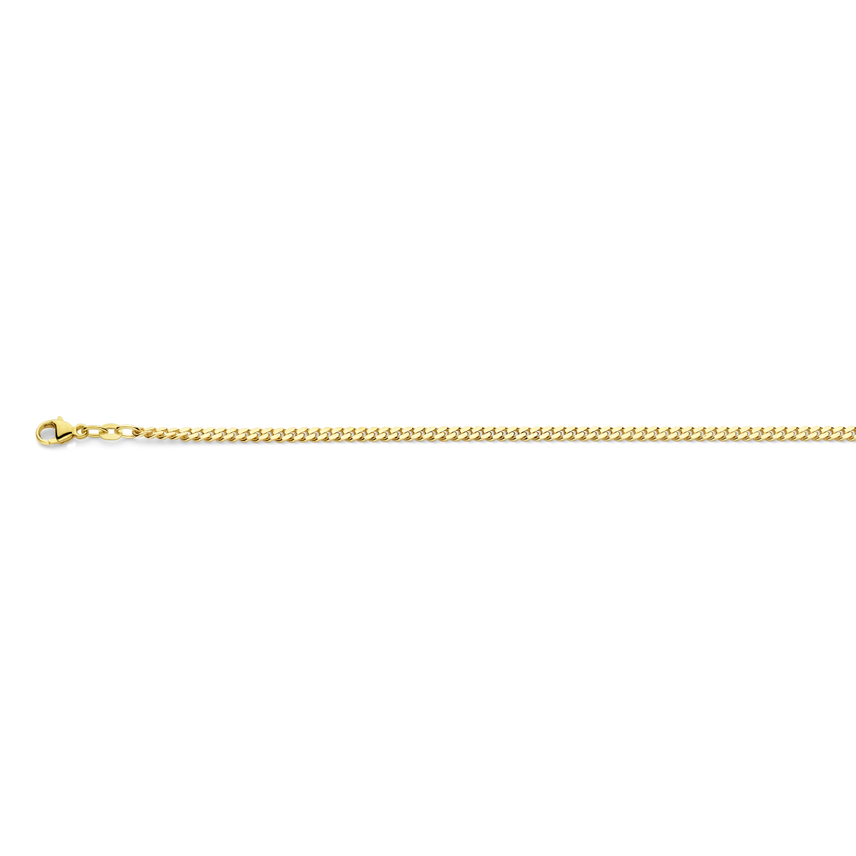 14k Geelgouden lengte-artikel met een gourmette schakel en een karabijn sluiting. De schakelbreedte is 2.7mm.