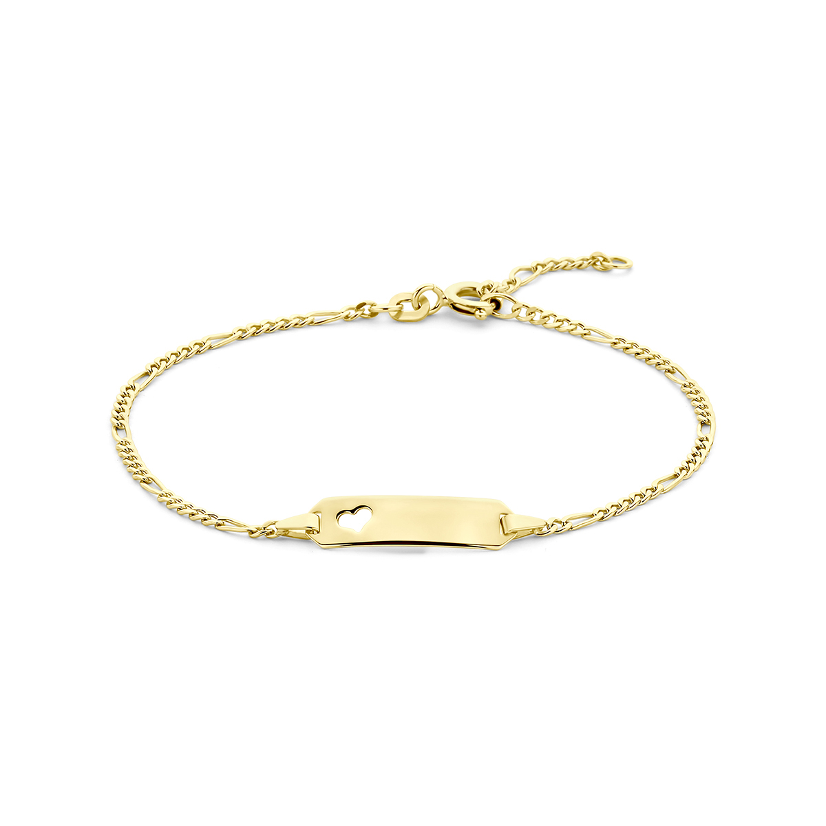 14k Geelgouden graveerarmband met een plaat van 5.3mm. De armband heeft een draaglengte van 15.5cm met 4 eindogen tot 19cm. De schakelbreedte is 1.8mm. Uitgevoerd met een veerslot