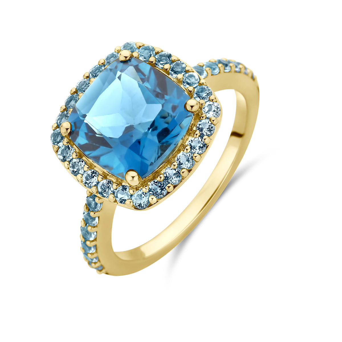 14k Geelgouden ring uitgevoerd met een london blue topaas en blauw topaas. De ring heeft een breedte van 12.5mm.