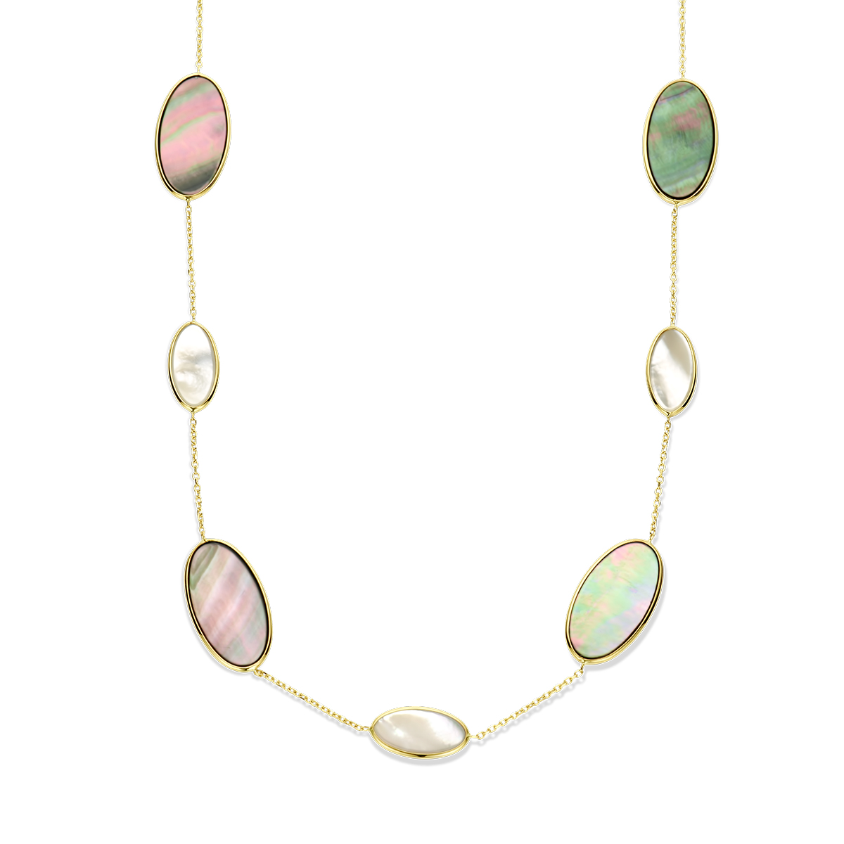 14k Geelgouden collier uitgevoerd met ovaalvormige elementen met parelmoer. Het collier heeft draaglengtes van 42 en 45cm. De schakelbreedte is 1.1mm. Het collier heeft een karabijn sluiting.