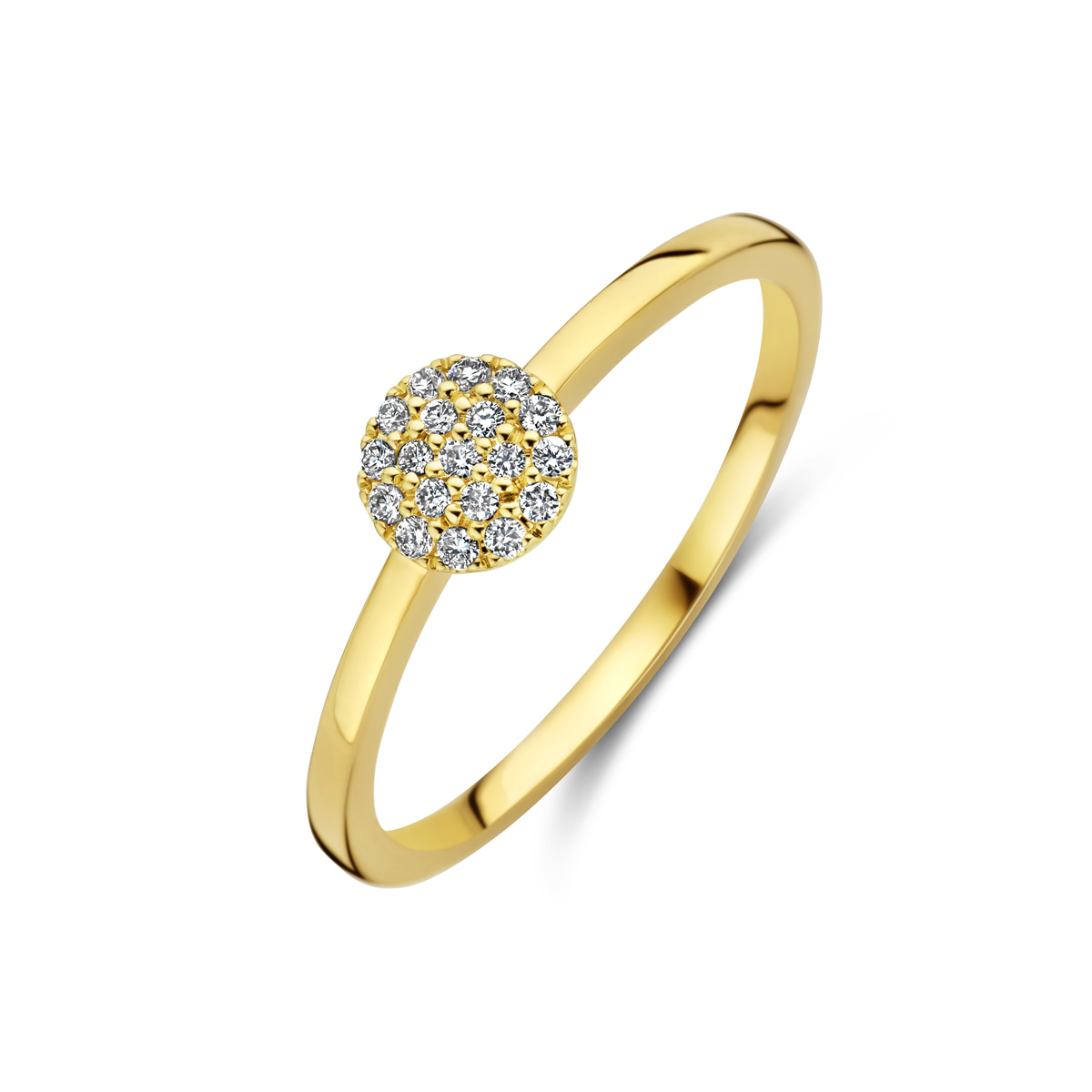 14k Geelgouden ring uitgevoerd met schitterende diamant. De ring heeft een breedte van 5.5mm. Het diamantgewicht is 0.09ct.