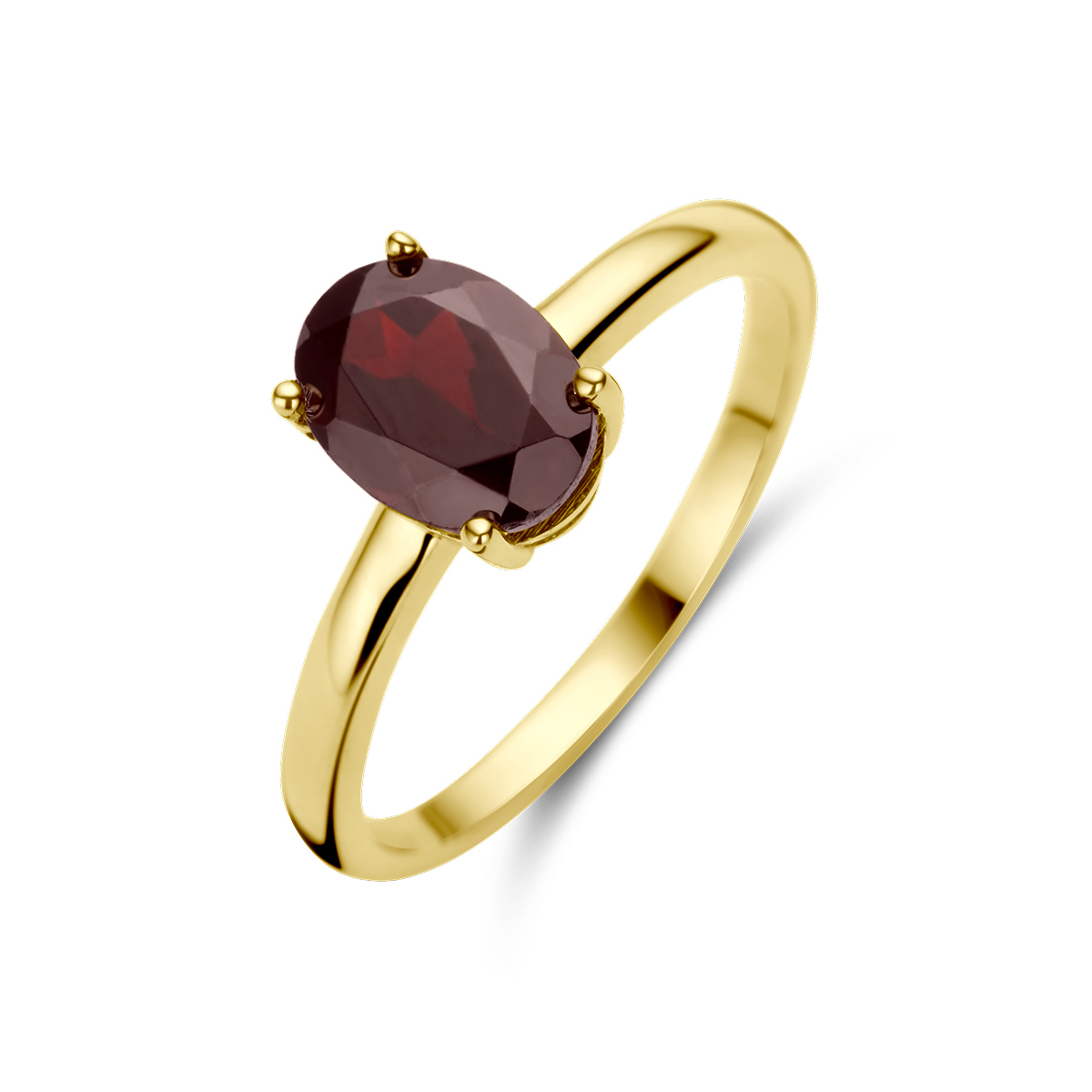 14k Geelgouden ring uitgevoerd met granaat. De steen heeft een afmeting van 8x6mm.