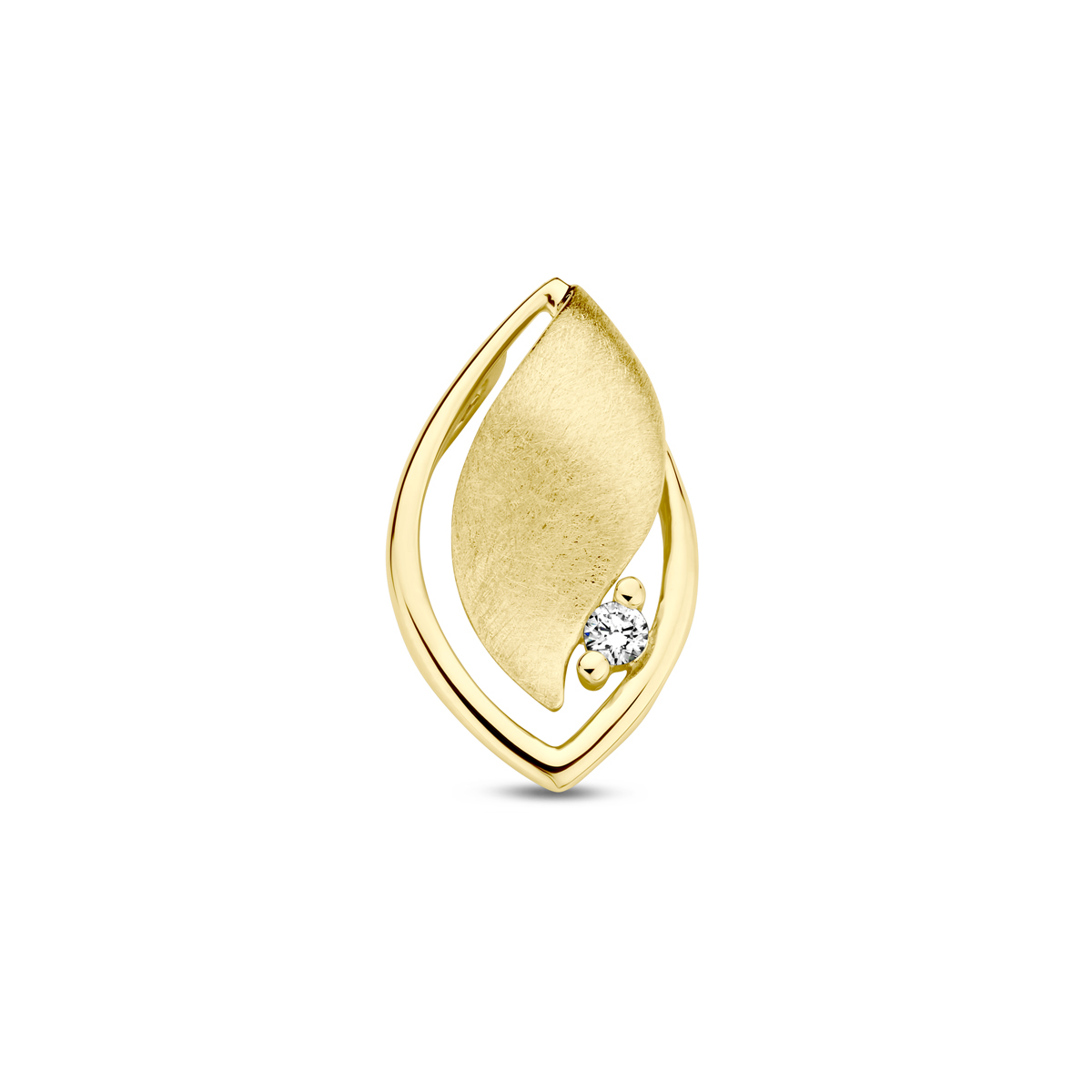 14k Geelgouden hanger uitgevoerd met diamant. De hanger heeft een afmeting van 18x11mm.