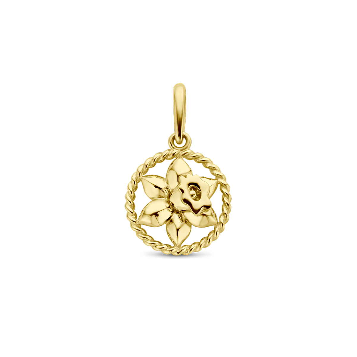 14k Geelgouden hanger met een geboortebloem. De hanger heeft een totale hoogte van 17mm.
