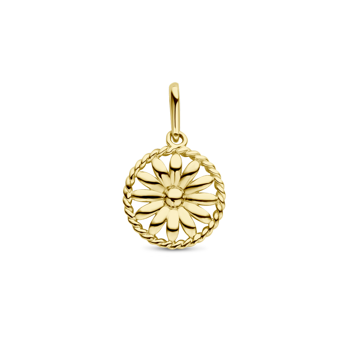 14k Geelgouden hanger met een geboortebloem. De hanger heeft een totale hoogte van 17mm.