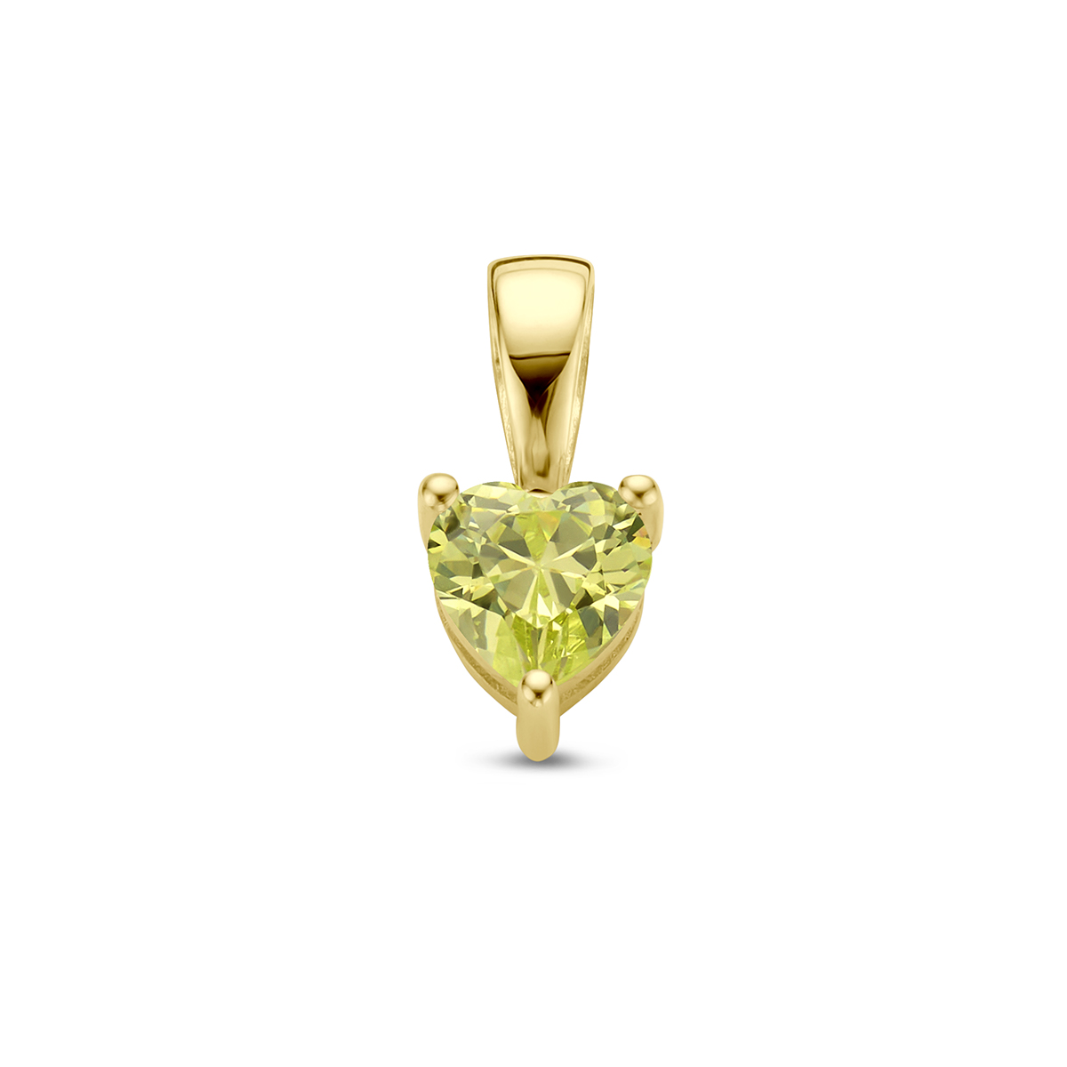 14k Geelgouden hanger met een geboortesteen in de vorm van een hart. De hanger heeft een totale hoogte van 9.5mm.