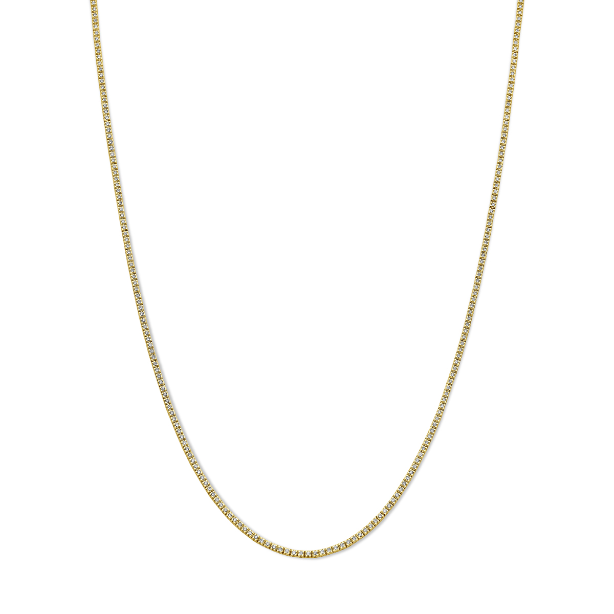 14k Geelgouden tenniscollier uitgevoerd diamanten. Het tenniscollier heeft een draaglengte van 42cm en een schakelbreedte van 1.9mm. Het diamantgewicht is 2.00ct.