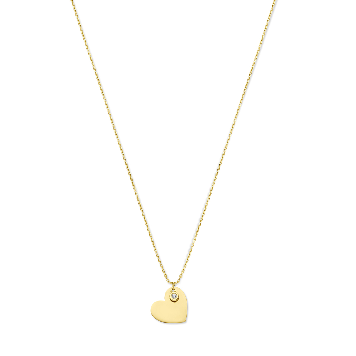 14k Geelgouden collier uitgevoerd met een hart en zirkonia. Het collier heeft draaglengtes van 40-42-44cm en een schakelbreedte van 1mm.