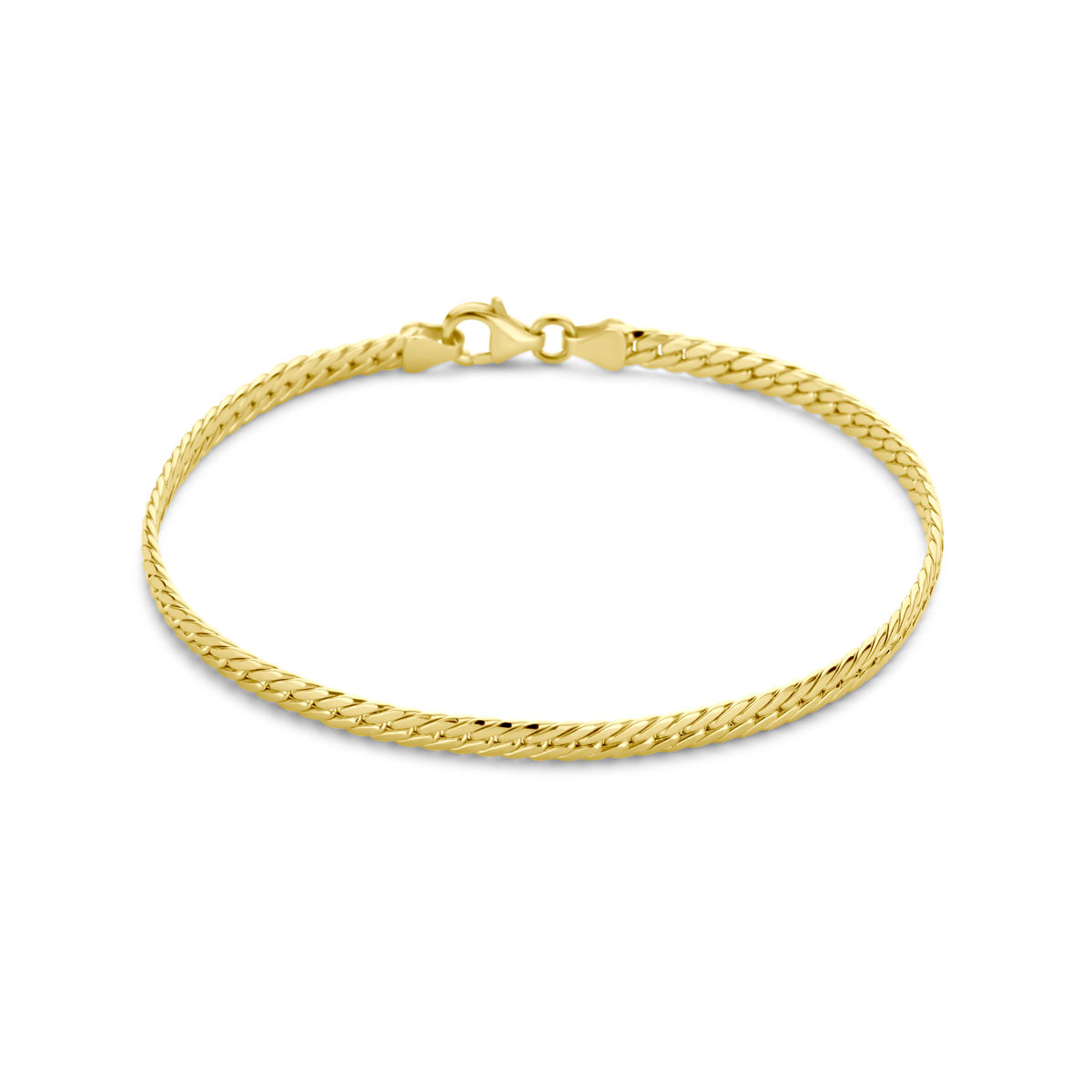 14k Geelgouden armband met een gourmette schakel van 3.4mm. De armband heeft een draaglengte van 19cm en is uitgevoerd met karabijnsluiting.