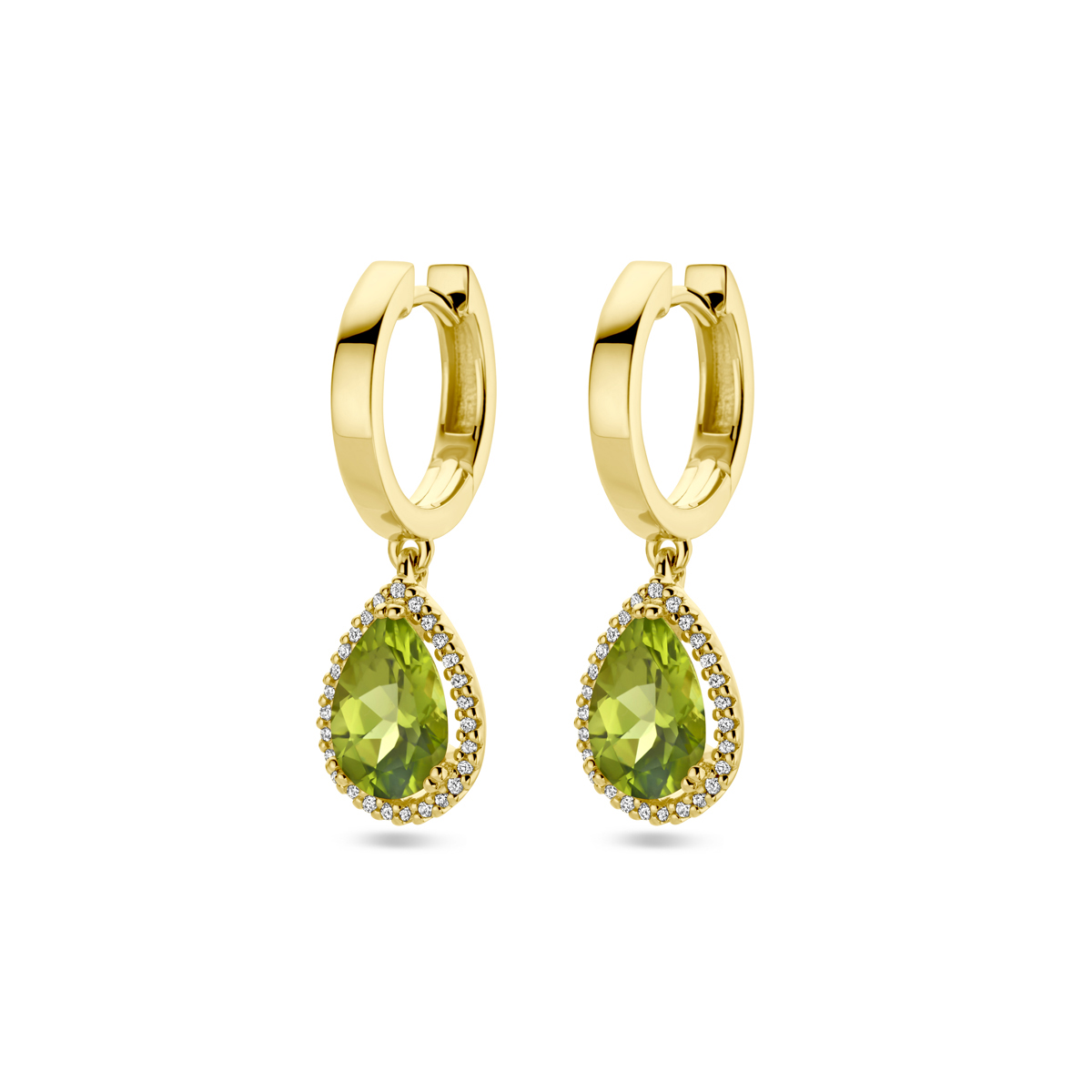 Huiscollectie - 14k Geelgouden klapoorringen uitgevoerd met schitterende peridot (9x6mm) en een diamant rij. De klapoorringen hebben een totale hoogte van 26mm. - 4029905