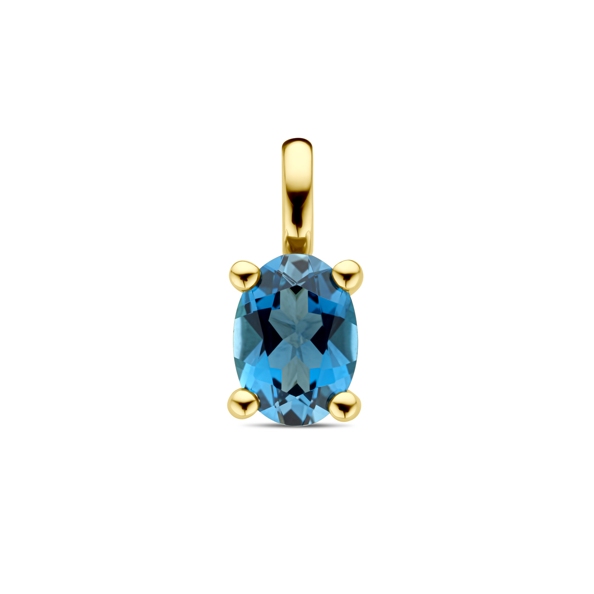 14k Geelgouden hanger uitgevoerd met london blue topaas. De hanger heeft een afmeting van 12x5.5mm.