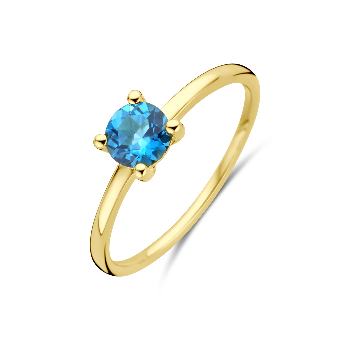 14k Geelgouden ring uitgevoerd met london blue. De steen heeft een diameter van 5mm.