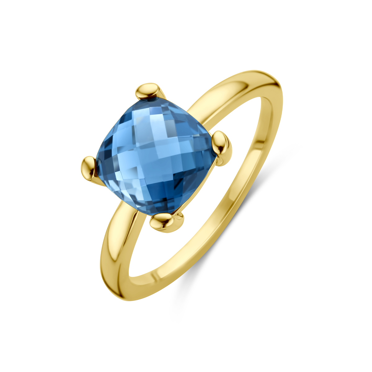 14k Geelgouden ring uitgevoerd met london blue topaas. De ring heeft een breedte van 9mm.