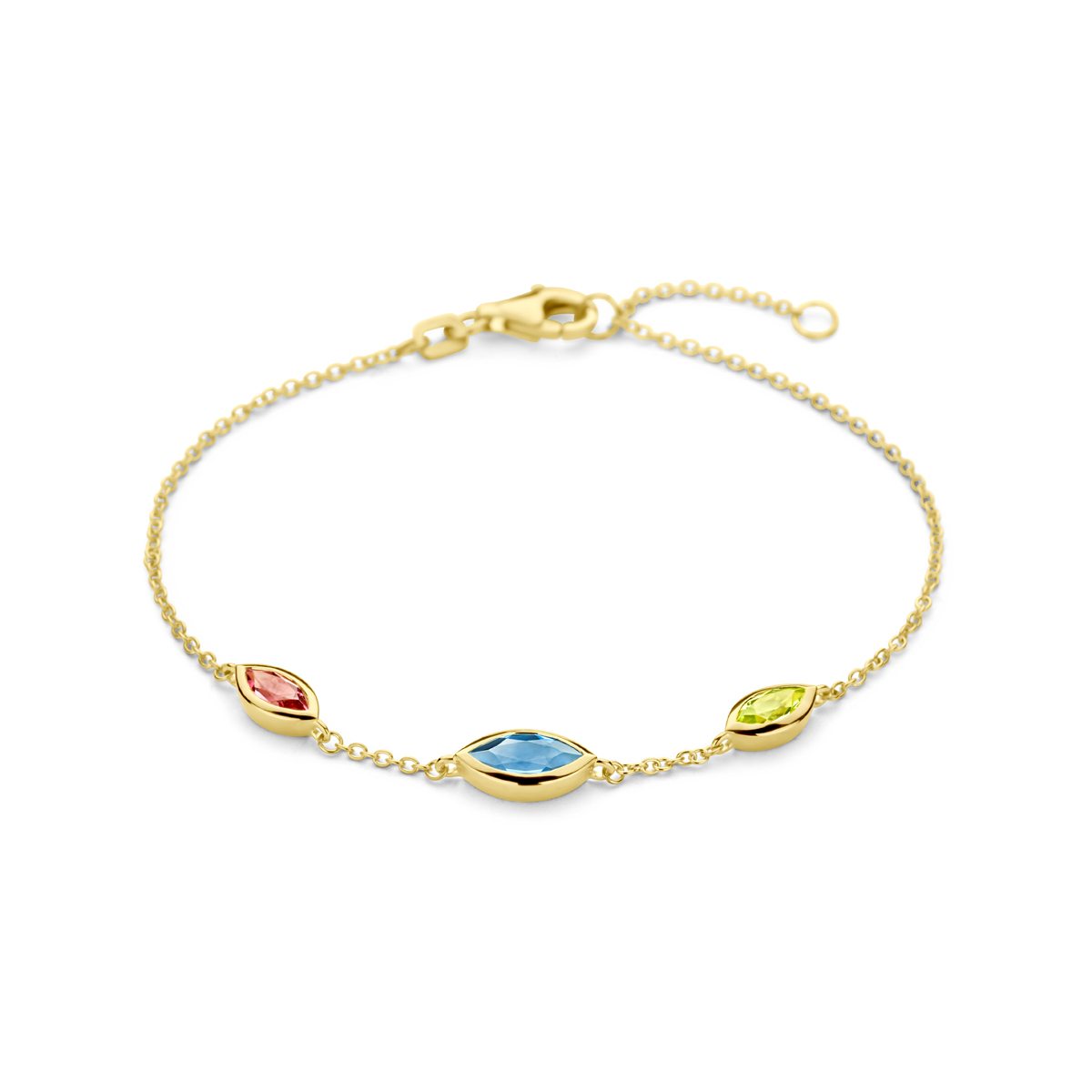 14k Geelgouden armband uitgevoerd met peridot, roze rhodoliet en London blue topaas. De armband heeft draaglengtes van 16.5-18.5cm. De schakelbreedte is 1.2mm.