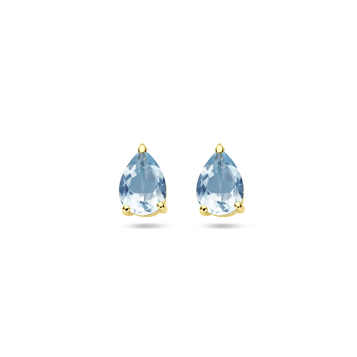 14k Geelgouden oorknoppen uitgevoerd met blauw topaas. De oorknoppen hebben een afmeting van 8x5mm.