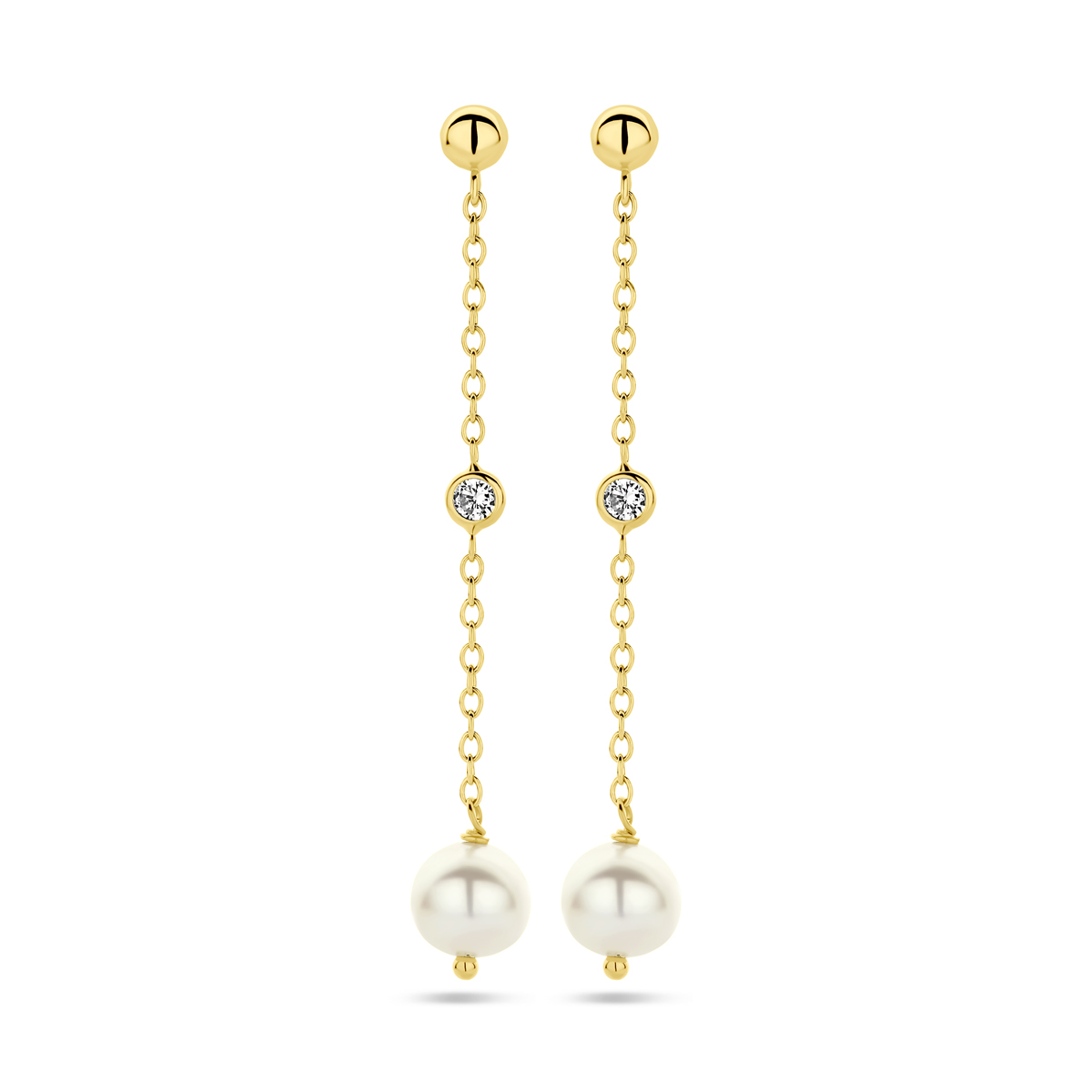 14k Geelgouden oorhangers uitgevoerd met zoetwaterparel en zirkonia. De oorhangers hebben een totale hoogte van 46mm.