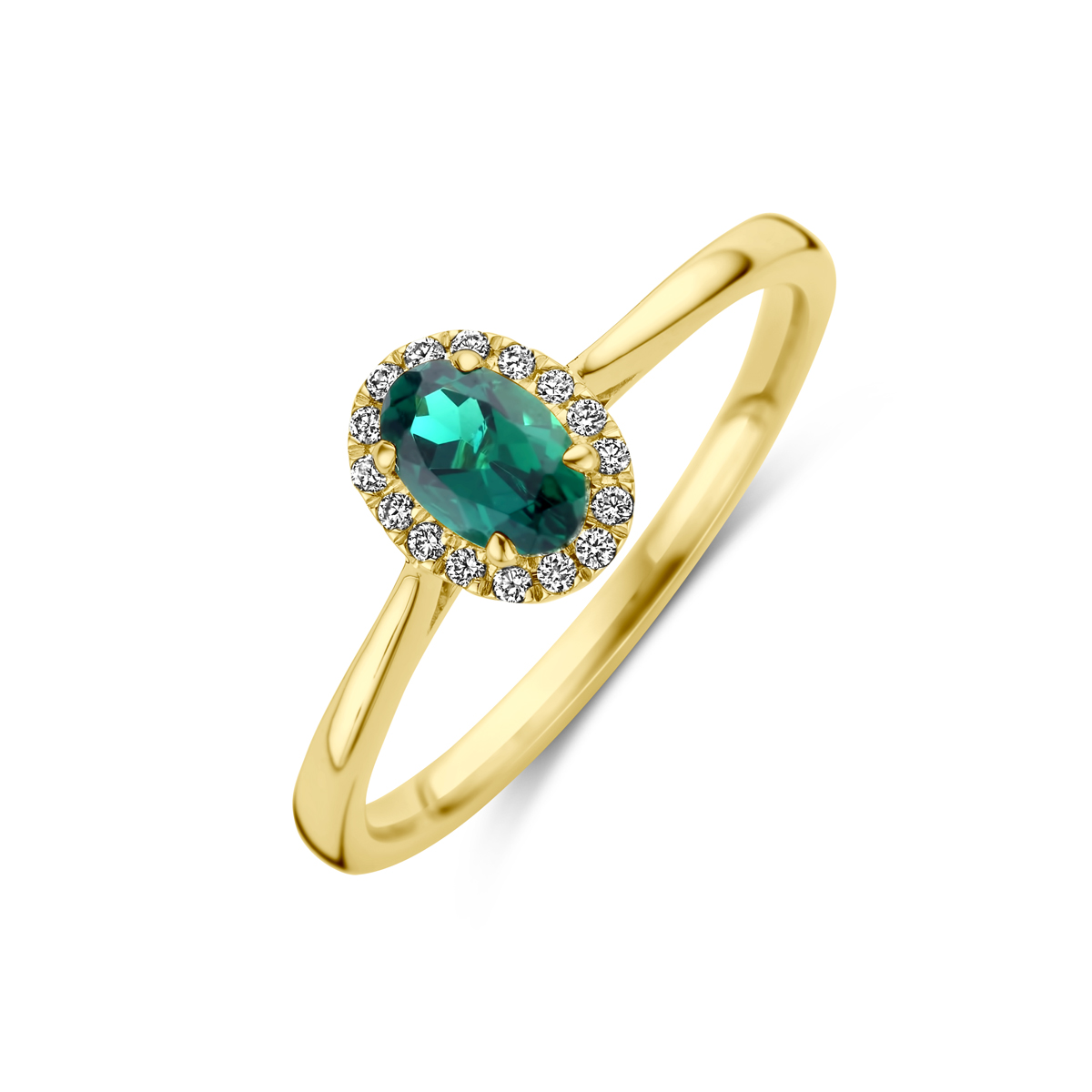 14k Geelgouden ring uitgevoerd met lab grown smaragd en lab grown diamanten. De ring heeft een afmeting van 8x6.5mm en het diamantgewicht is 0.075ct.&nbsp;Lab grown diamanten zijn diamanten die ontstaan in een laboratorium. Onder extreem hoge druk en temperatuur wordt het natuurlijk ontstaansproces nagebootst met als eindresultaat een diamant met dezelfde chemische eigenschappen maar met een andere oorsprong.&nbsp;