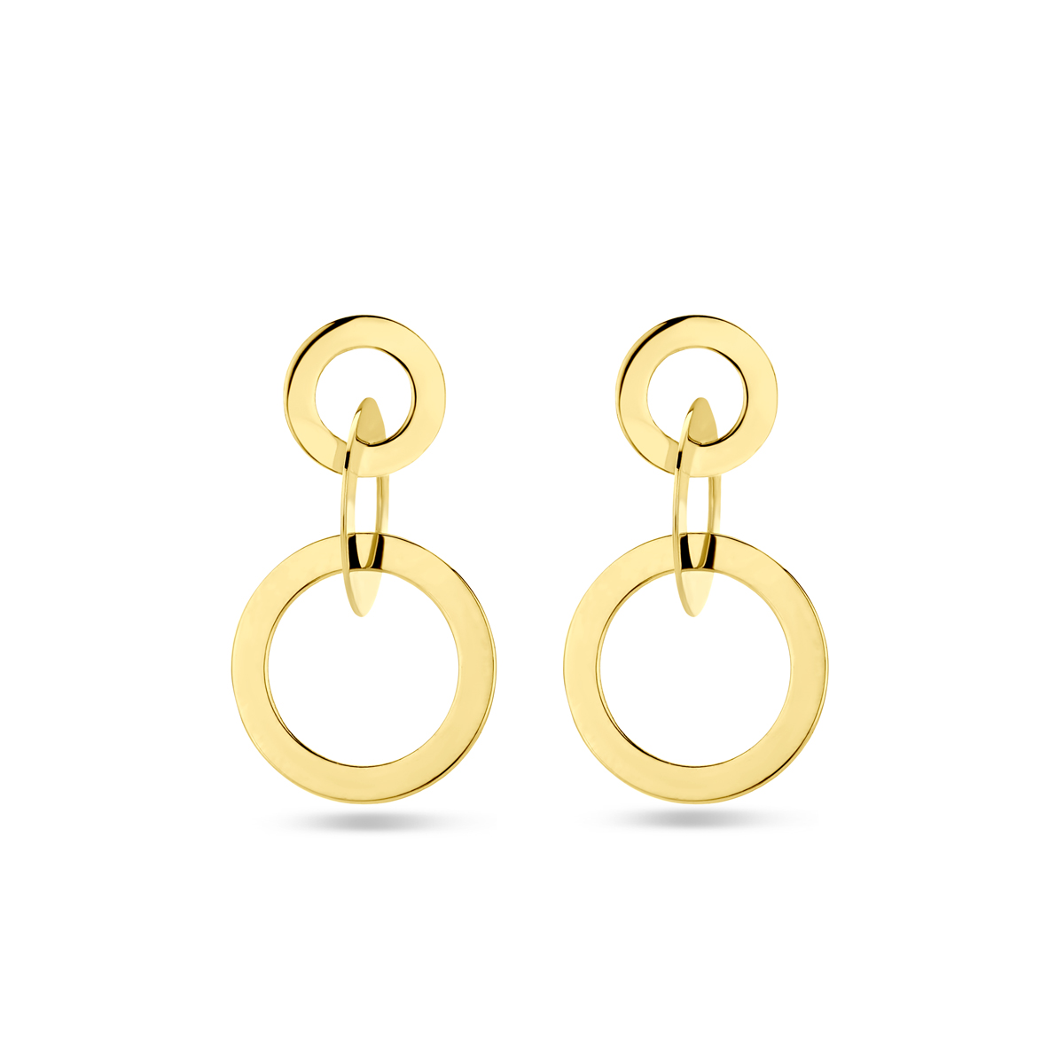 14k Geelgouden oorhangers uitgevoerd met cirkels. De oorhangers hebben een afmeting van 17x9.5mm.