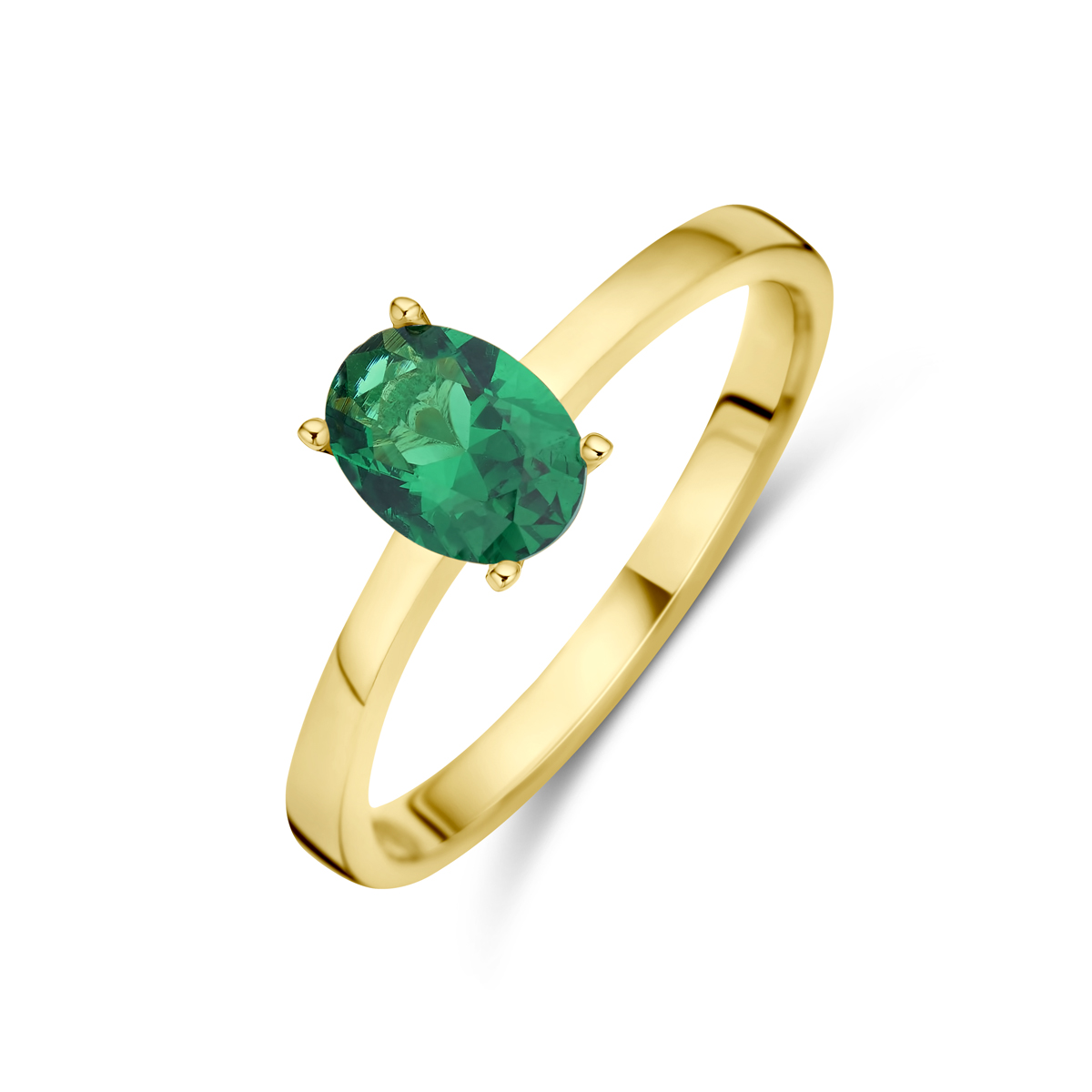14k Geelgouden ring uitgevoerd met groen zirkonia. De ring heeft een breedte van 7mm.