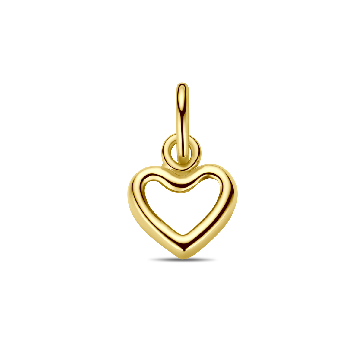 14k Geelgouden hanger uitgevoerd met een hart. De hanger heeft een totale hoogte van 11mm.
