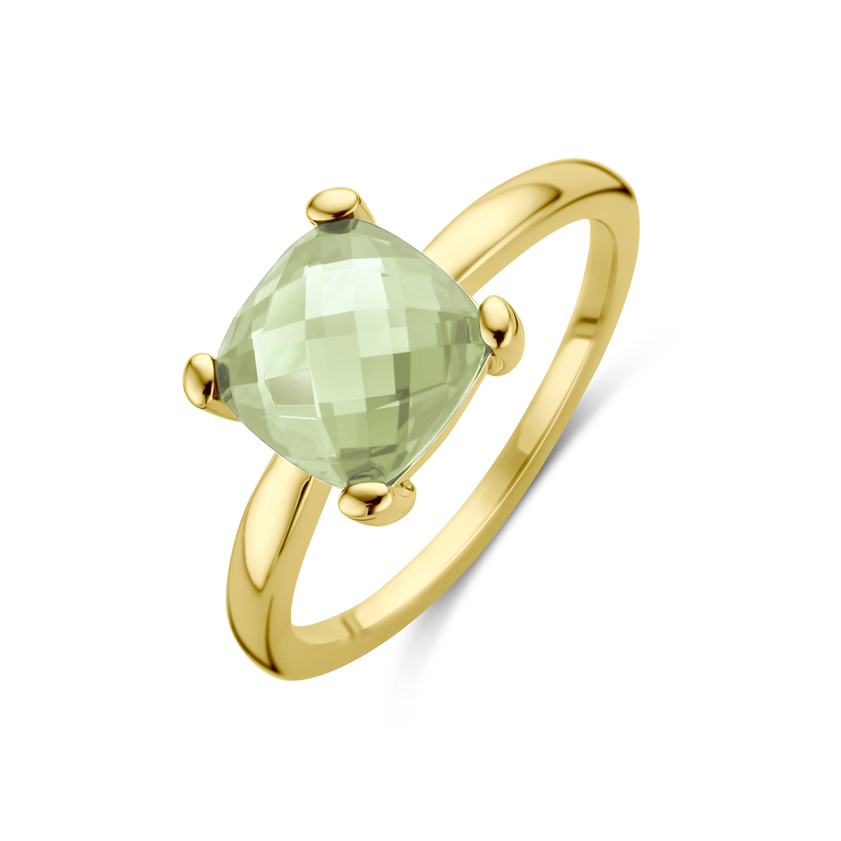 14k Geelgouden ring uitgevoerd met groen amethist. De breedte van de ring is 8.5mm.