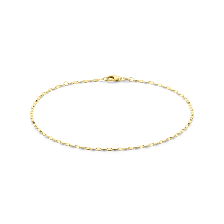 Geelgouden enkelbandje met een draaglengte van 24cm met een extensie van 2cm. De schakelbreedte is 2.0mm. De armband is uitgevoerd met een stevige karabijn sluiting.