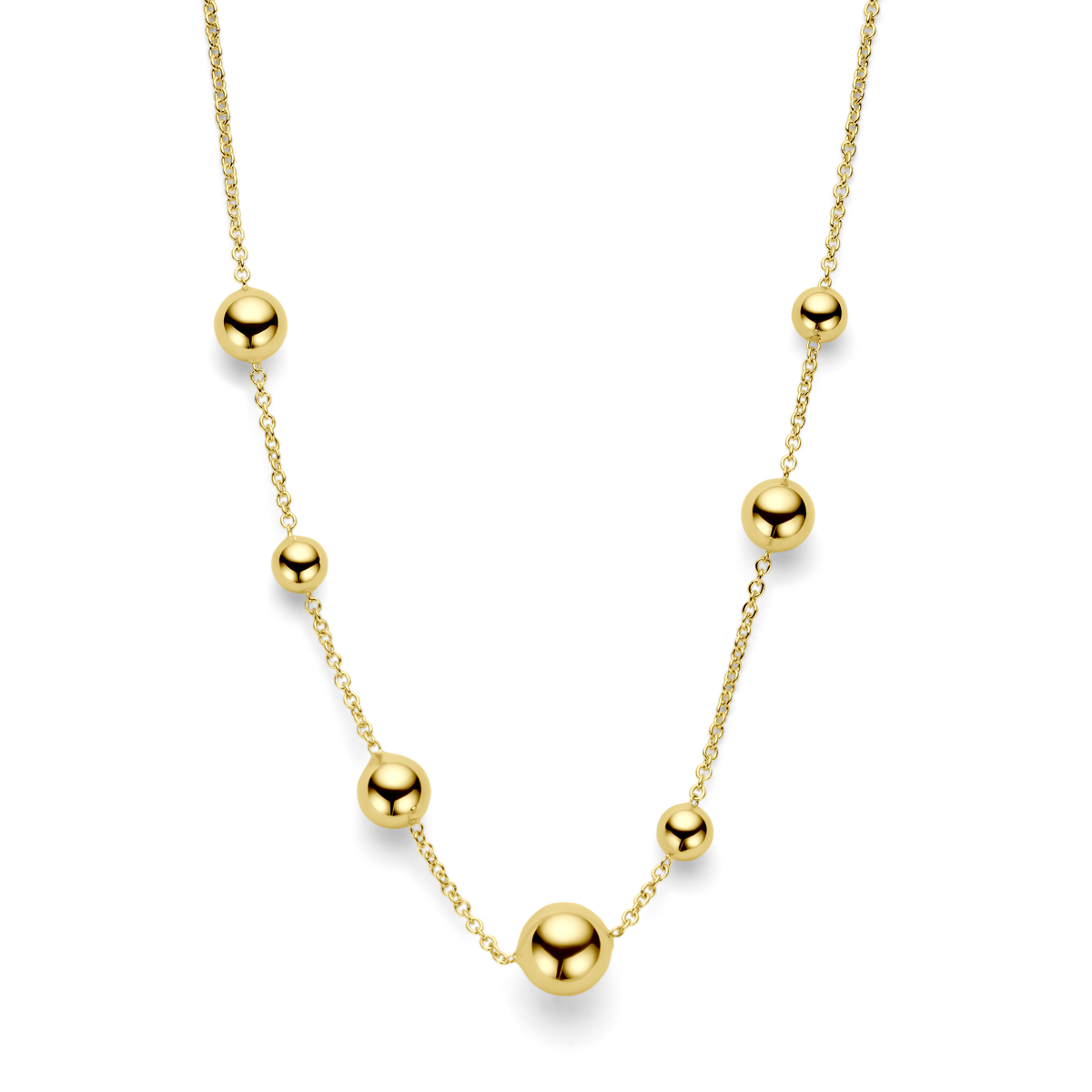 Het 14 karaats Collier bolletjes van 45 cm is een prachtige gouden ketting met een glanzende afwerking. Het heeft een ronde vorm en een bolletjesontwerp, met een breedte van 1,7 mm en een diameter van 10 mm. Dit stijlvolle en verfijnde sieraad weegt 7,55 gram en is perfect voor dagelijks gebruik of speciale gelegenheden.