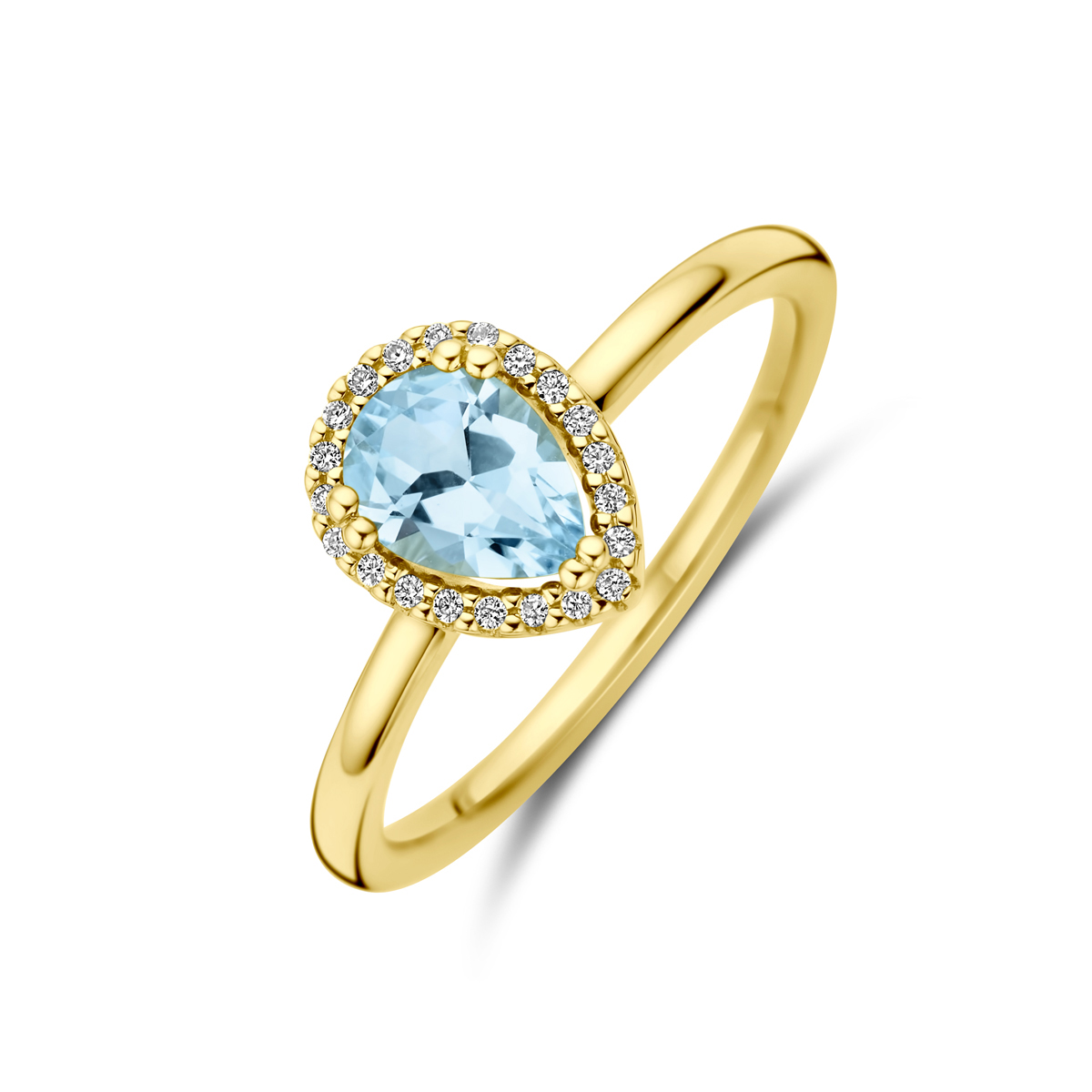 14k Geelgouden ring uitgevoerd met sky blue topaas en diamanten. De ring heeft een breedte van 9.5mm. Het diamantgewicht is 0.06ct.
