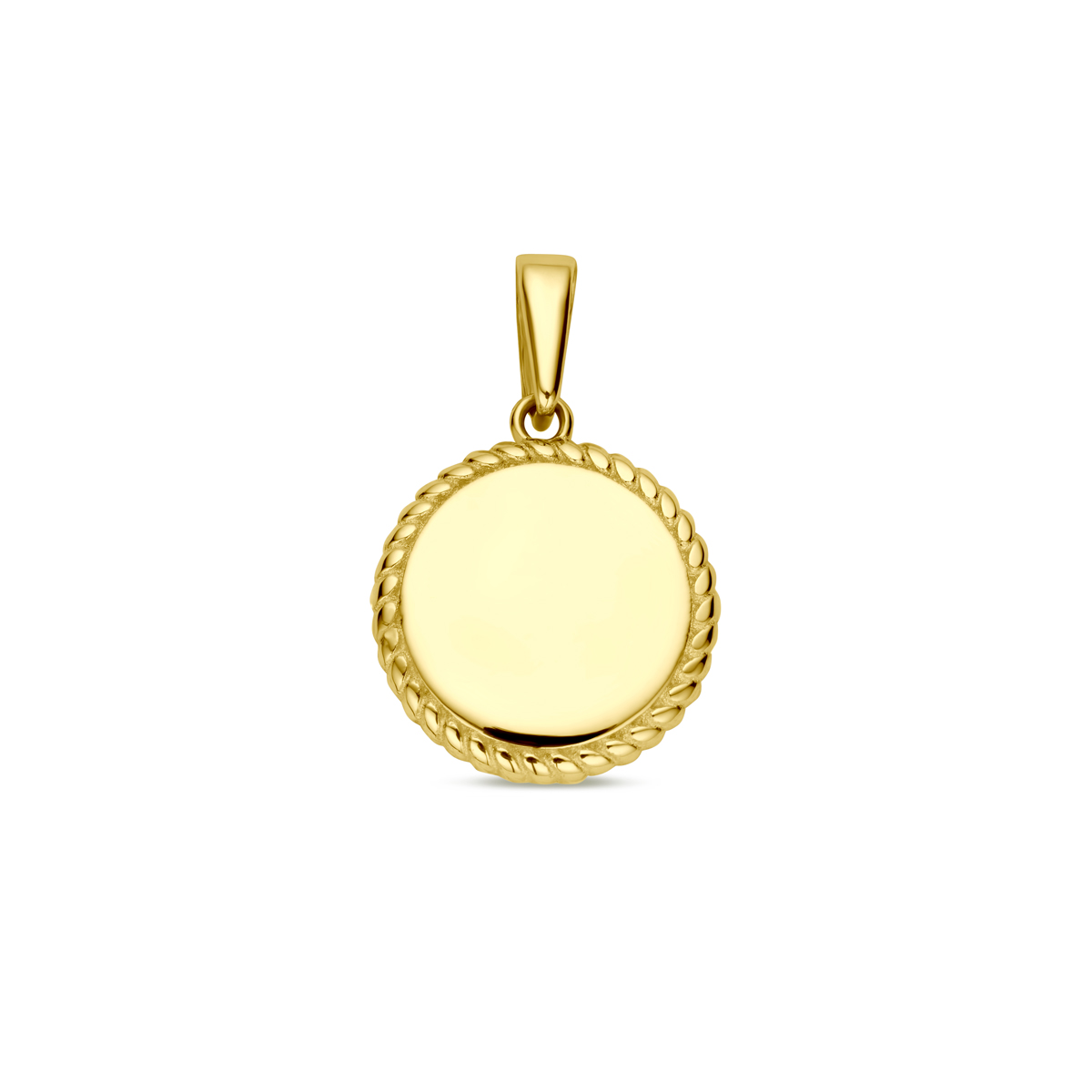 14k Geelgouden graveerhanger met een totale hoogte van 18mm.
