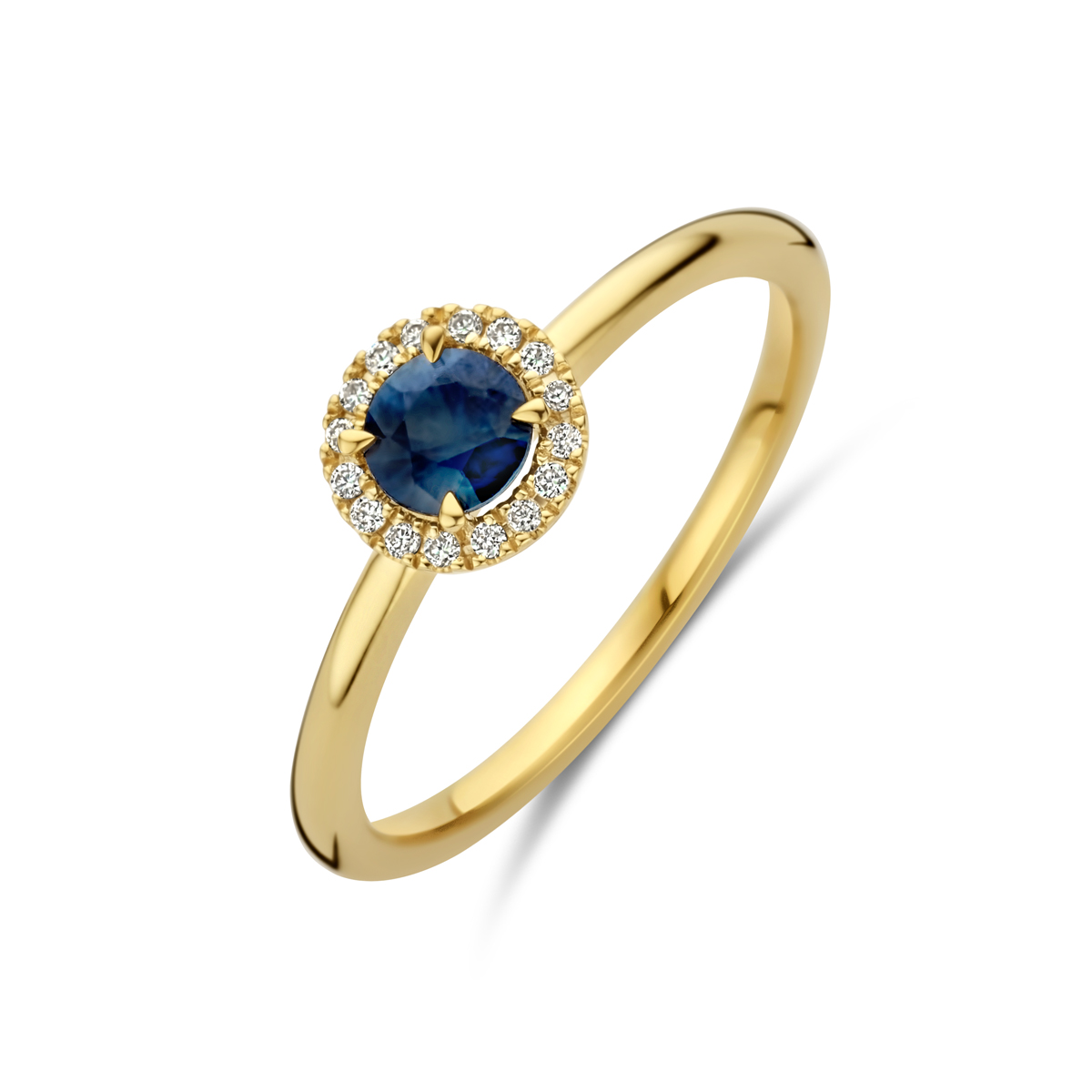 14k Geelgouden ring uitgevoerd met saffier en diamant. De ring heeft een breedte van 6.5mm. Het totale diamantgewicht is 0.05ct.