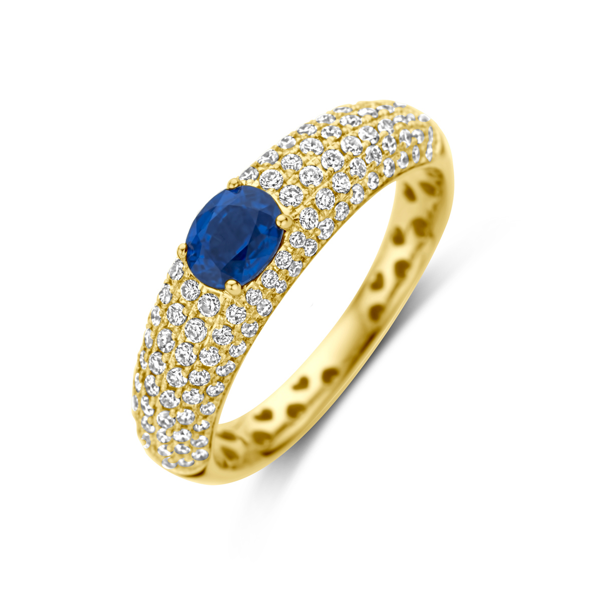 14k Geelgouden ring uitgevoerd met saffier en diamant. De ring heeft een breedte van 5.5mm. De totale diamantgewicht is 0.65ct.