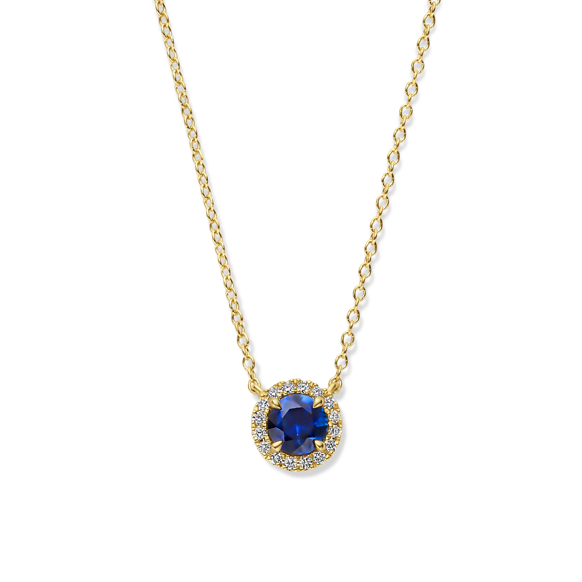 14k Geelgouden collier uitgevoerd met saffier en diamant. Het collier heeft draaglengtes van 41-43-45cm. Het totale diamantgewicht is 0.05ct.