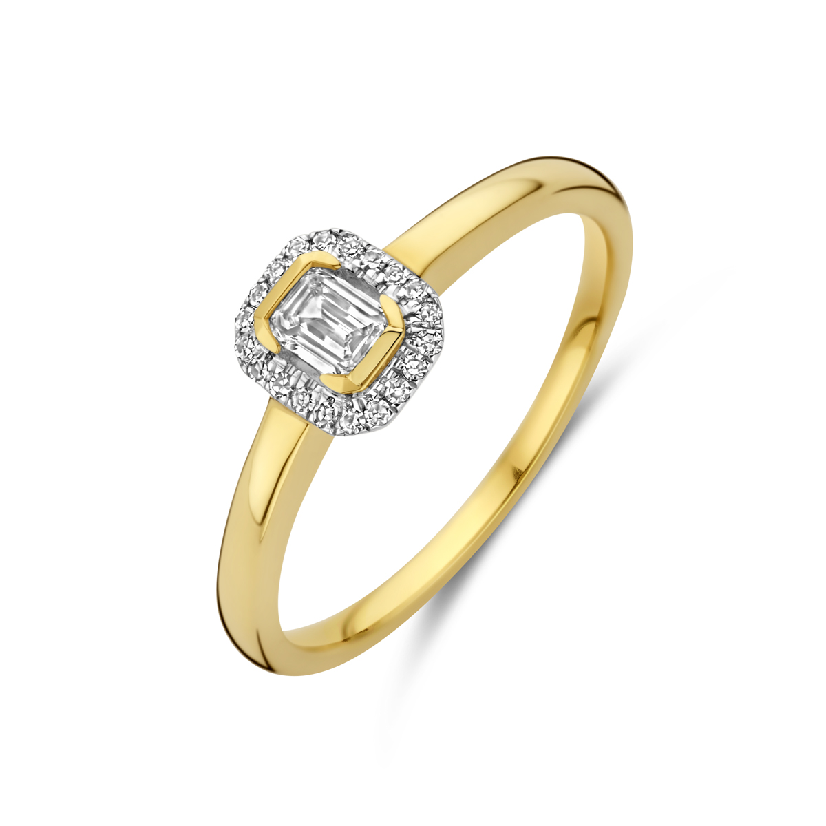14k Geelgouden ring uitgevoerd met diamant. De ring heeft een breedte van 6.5mm. De totale diamantgewicht is 0.25ct.