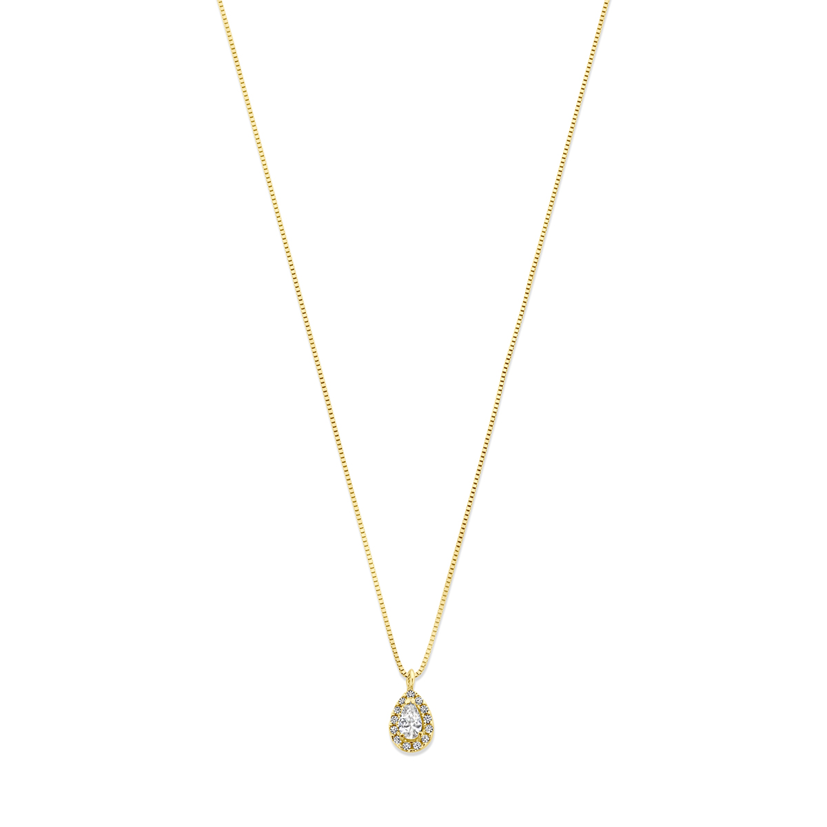 14k Geelgouden collier uitgevoerd met een druppel en zirkonia. Het collier heeft draaglengtes van 43-45cm.